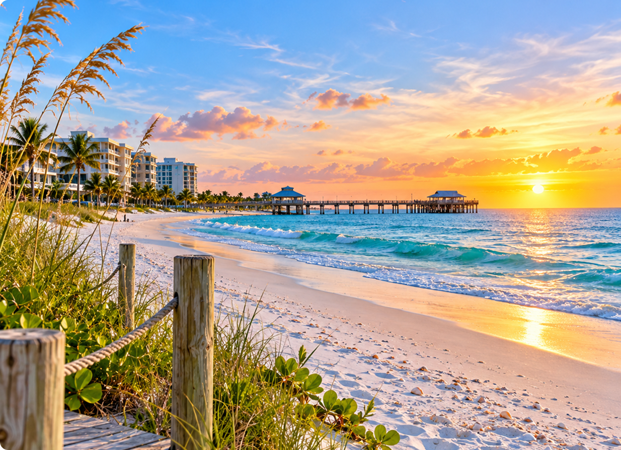 Fort Myers Beach shoreline with Gulf Coast sunset
