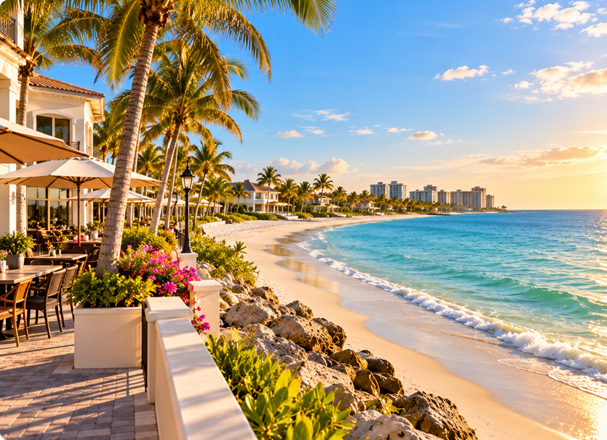 Naples Florida beachfront with coastal restaurants
