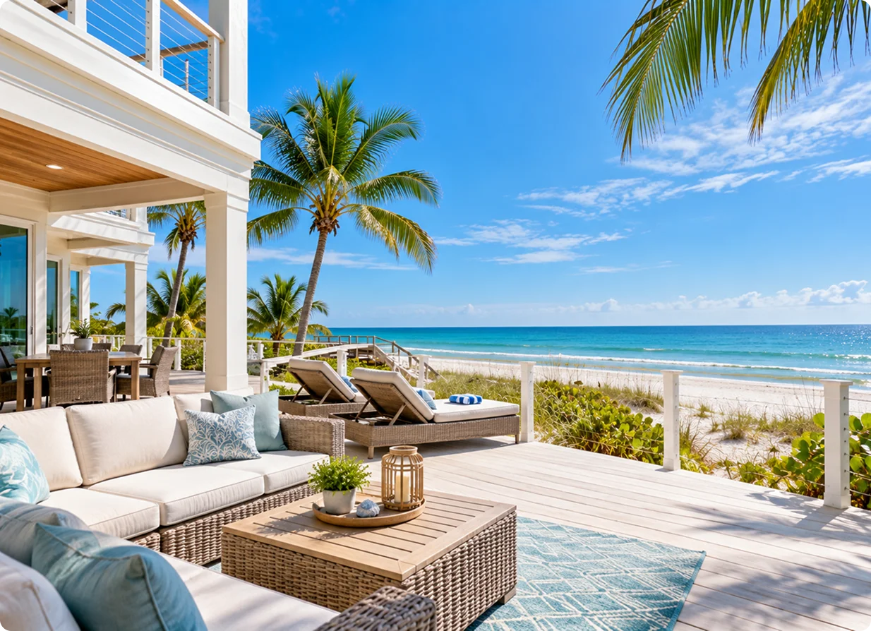 Beachfront vacation rental with outdoor seating overlooking the Florida coast